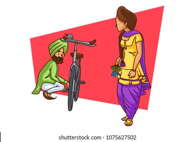 A vector illustration of Punjabi sardar repairing his cycle while watching his better half