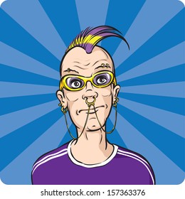 Vector illustration of punk with face piercings. Easy-edit layered vector EPS10 file scalable to any size without quality loss. High resolution raster JPG file is included.