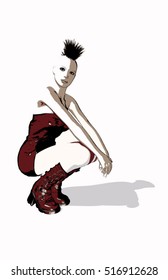 A vector illustration of a punk rock or Gothic girl in red leather with  a Mohawk hairstyle.