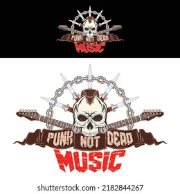 Vector Illustration Of A Punk Skull With A Mohawk Haircut, Guitar And Switchblade. Design For T Shirt Or Poster Print. Hand Drawn For Punk Rock Logo And Emblem. Color Tattoo.