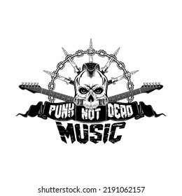 Vector Illustration Of A Punk Skull With A Mohawk Haircut, Guitar And Switchblade. Design For T Shirt Or Poster Print. Hand Drawn For Punk Rock Logo And Emblem. Black Tattoo.