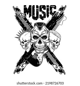 Vector illustration of a punk skull with a mohawk haircut, guitar and sheet music mill. Notes. Design for t shirt or poster print. Hand drawn for hardcore logo and emblem. Black tattoo.