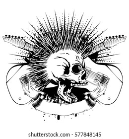 Vector illustration punk skull with mohawk haircut and crossed guitars on grunge background