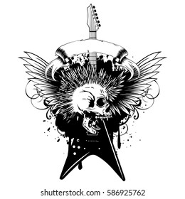 Vector illustration punk skull with mohawk haircut and guitar on grunge background. Design for t-shirt or poster print