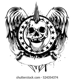 Vector illustration punk skull and stamp on wings. Skull with mohawk on his head and open jaw.