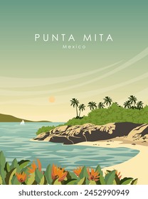 Ilustración vectorial Punta Mita México. Diseño de póster, postal, portada, embalaje. Diseño moderno. Cartel en la pared. Turismo.