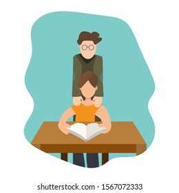 Vector illustration of a pupil with a book on a desk with a tutor