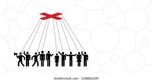 Vector Illustration Of Puppet People Under Control For Addictive Or Manipulative Behavior Concept