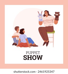 Vector illustration of a puppet theater, highlighted in white background. A girl with fabulous puppets of a shows a performance to a girl and a boy.