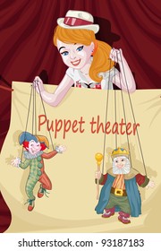 Vector illustration, puppet theater invitation, card concept.