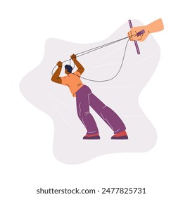 Ilustración vectorial de un titiritero que controla a un ser humano, demostrando la dinámica del poder y la manipulación en un ambiente de trabajo tóxico.