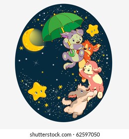 vector illustration, puppies in adventure to the moon, cartoon concept.