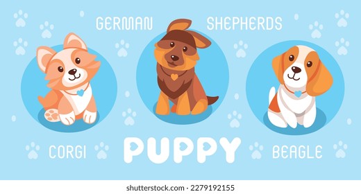 Ilustración vectorial de los personajes de cachorros. Corgi, Pastor Alemán, Beagle. Imágenes al estilo de las caricaturas.