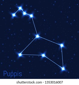 Vector illustration of Puppis constellation. Astronomical Stern of the Argonauts' ship. Cluster of realistic stars in the dark blue starry sky.