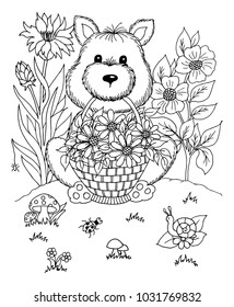 Vector illustration. A puppy with a basket of flowers sits on a clearing. Coloring book. Anti Stress for adults and children. Black and white.
