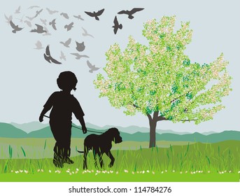 vector illustration puppy and boy  in spring nature