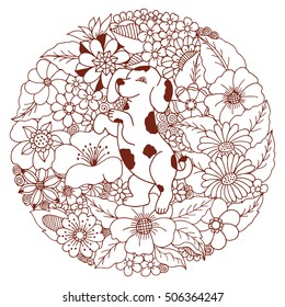 Vector illustration puppy a dalmatian among the flowers. Coloring Book, anti-stress for adults. Brown and white.