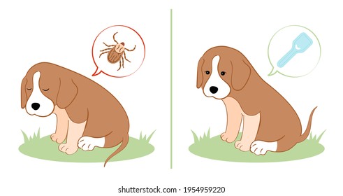 Vector Illustration Puppy Dog Feels Bad From A Tick Bite. Tick Season, Dog Grooming. Dog Feels Good After Ampoule With Vaccine