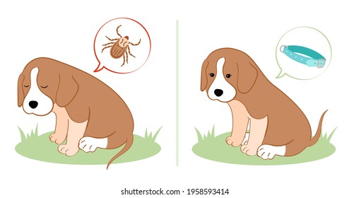 Vector Illustration Puppy Dog Feels Bad From A Tick Bite. Tick Season, Dog Grooming. Dog Feels Good After Special Protective Collar