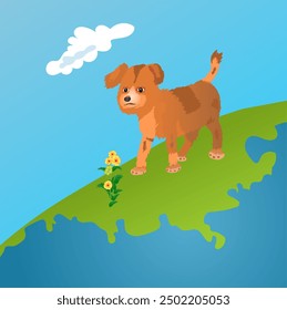 Vector illustration with a puppy dog that is exploring earth and finding multicolored flowers it smells its. 