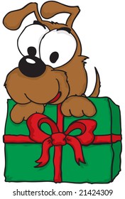 Vector illustration of a puppy holding a Christmas present. Can be scaled to any size.