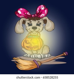 Vector illustration puppy holding a pumpkin with candies