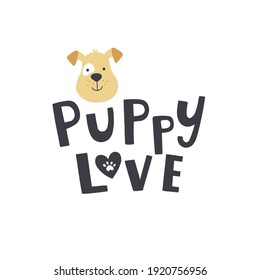 vector illustration, puppy love hand drawn text and cute dog head on white background