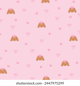 Vector illustration of puppy, ribbon and heart on a pastel pink background for animal wallpaper, sweet backdrop, ad template, fabric print, kid clothes, fashion, textile, gift wrap, packaging, pattern