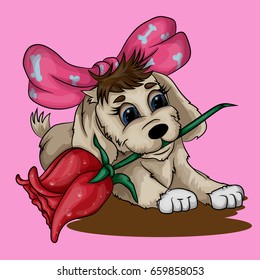 Vector illustration of a puppy with a rose