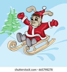 Vector illustration of a puppy sledging in winter