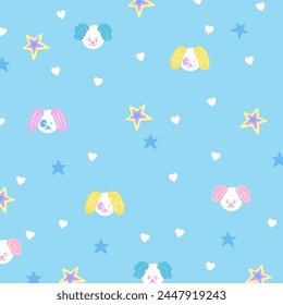 Vector illustration of puppy, star and hearts on a pastel blue background for animal wallpaper, pet, dog, vet, adoption, rescue, backdrop, ad template, fabric print, kid clothes, fashion, textile