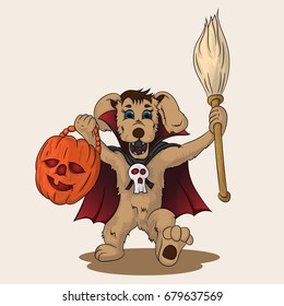 Vector illustration puppy in a suit of dracula with a broom and pumpkin in hands