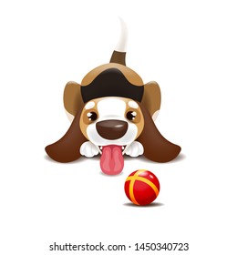 Vector illustration of a puppy who brought a ball and wags its tail. The puppy wants to play. 
