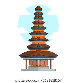Vector illustration of Pura Ulun Danu Beratan in Bedugul, Bali, Indonesia, featuring traditional Balinese temple architecture on the lake with scenic surroundings.