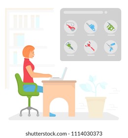 Vector illustration of purchase of construction tools on web sites.