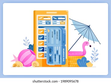 Vector illustration of purchase holiday airline tickets using marketplace mobile apps. Vector illustration set isolated on white background and can used for landing page, website, poster, mobile apps