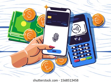 Vector illustration of purchase payment via phone, paypass, Bank card in phone, hand holding smartphone, terminal for payment of purchases