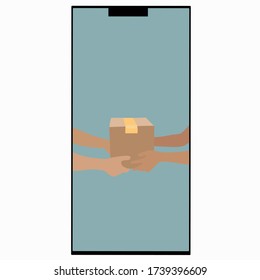 Ilustración vectorial. Compra a través de Internet. Seguridad. Entrega de paquetes. Postman. Caja en sus manos. De mano en mano.