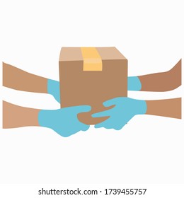 Vector illustration. Purchase via the Internet. Security. Parcel delivery. Postman. Box in his hands. From hand to hand.

