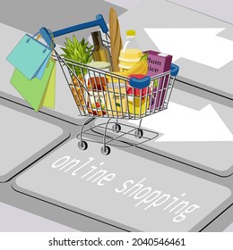 Ilustración vectorial de las compras de bienes a través de Internet.Carro de compras con productos en un teclado de computadora. Ilustración de la compra de bienes en línea.
