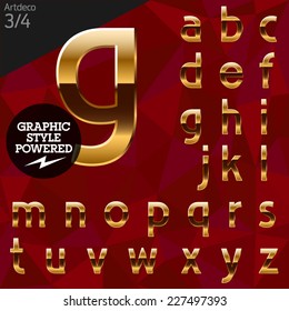 Vector Illustration Of Pure Golden Font Plus Graphic Styles. Artdeco Normal. File Contains Graphic Styles Available In Illustrator