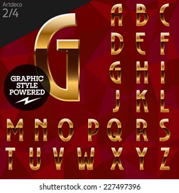 Vector illustration of pure golden font plus graphic styles. Artdeco normal. File contains graphic styles available in Illustrator