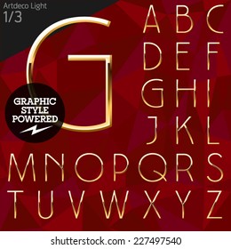 Vector Illustration Of Pure Golden Font Plus Graphic Styles. Artdeco Light. File Contains Graphic Styles Available In Illustrator