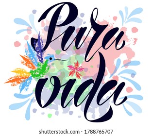 Vector illustration of Pure Life text in Spanish for logotype, t-shirt, banner, magazine, poster, decoration, postcard. Pure Life calligraphy background. Pure Life lettering. EPS 10. 