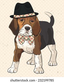 Vector illustration of purebred fashion dog with black hat on his head and checkered bow tie on his neck. Vintage polka dot texture with scrapes as background. Retro dog.