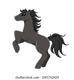 Vector illustration of purebreed black horse in rearing stand, cartoon style isolated on white