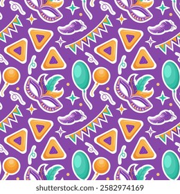 vector illustration for Purim featuring a seamless pattern of hamentashen, masks, festive garlands, and colorful balloons, embodying the lighthearted spirit and joyful celebrations of this holiday.