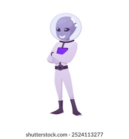 Vector illustration of purple alien character with black eyes, spacesuit and astronaut costume. Funny character on isolated background for kids design or Halloween. Flat cartoon style.