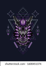 Vector illustration purple anubis, dog, wolf, dog in geometric pattern