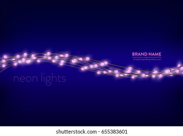 Vector illustration of a purple background with a several lines of pink neon lights. Excellent banner for advertising holiday discounts and sales